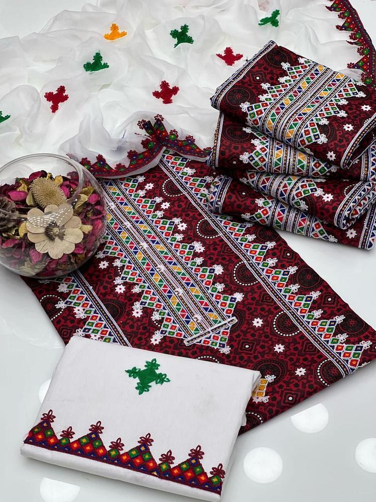 3pec woman's unstitched cotton Embroideryered suit
