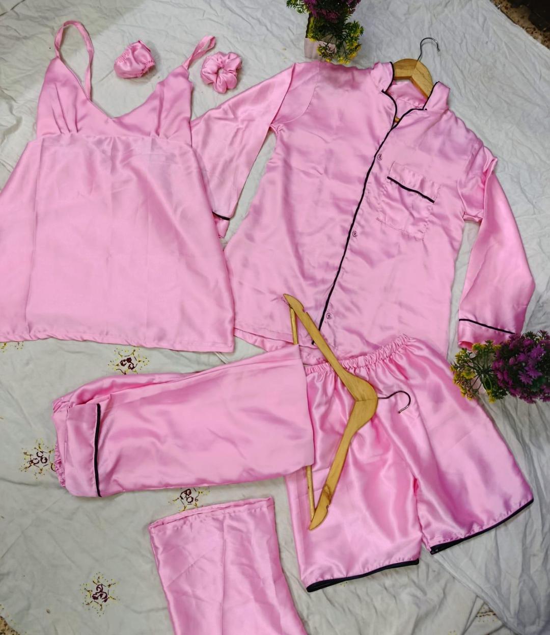 5pc woman's stitches silk plan night suit
