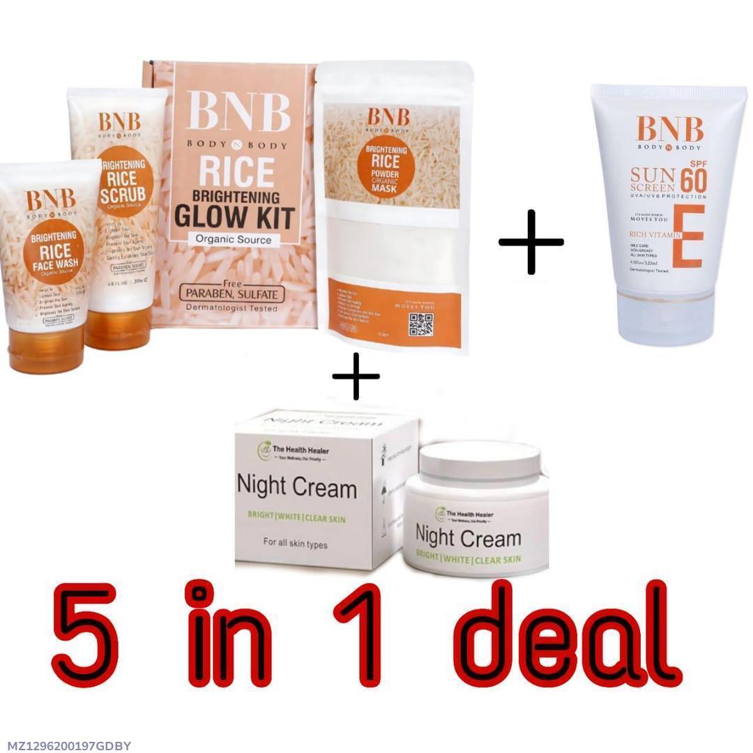 5 in 1 skincaer Bundle night cream sunblock facial & more (pack of 5 pec)