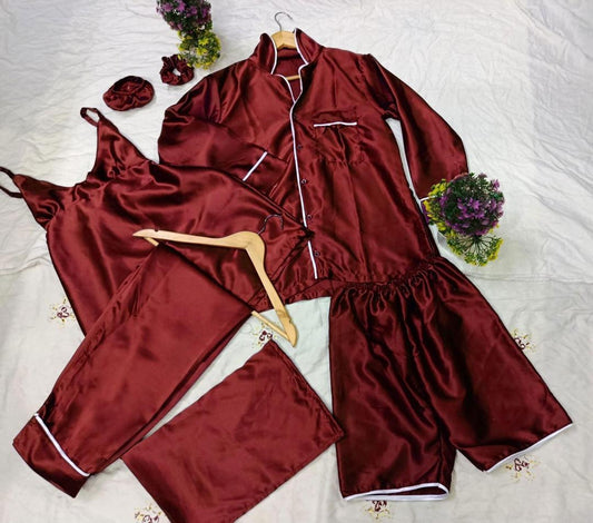 5pc woman's stitches silk plan night suit