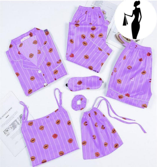 5pc woman's stitches silk plan printed night suit